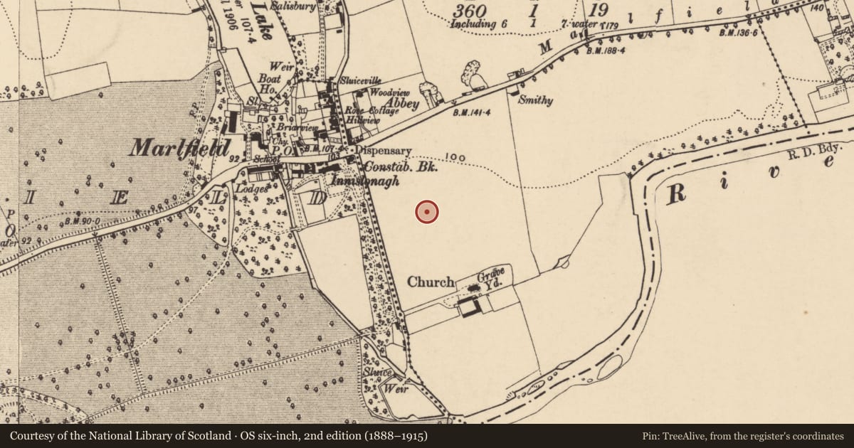 Ordnance Survey six-inch map, 2nd edition (1888–1915) covering the location of Settlement cluster, Inishlounaght, County Tipperary South, with a pin at the register's coordinates