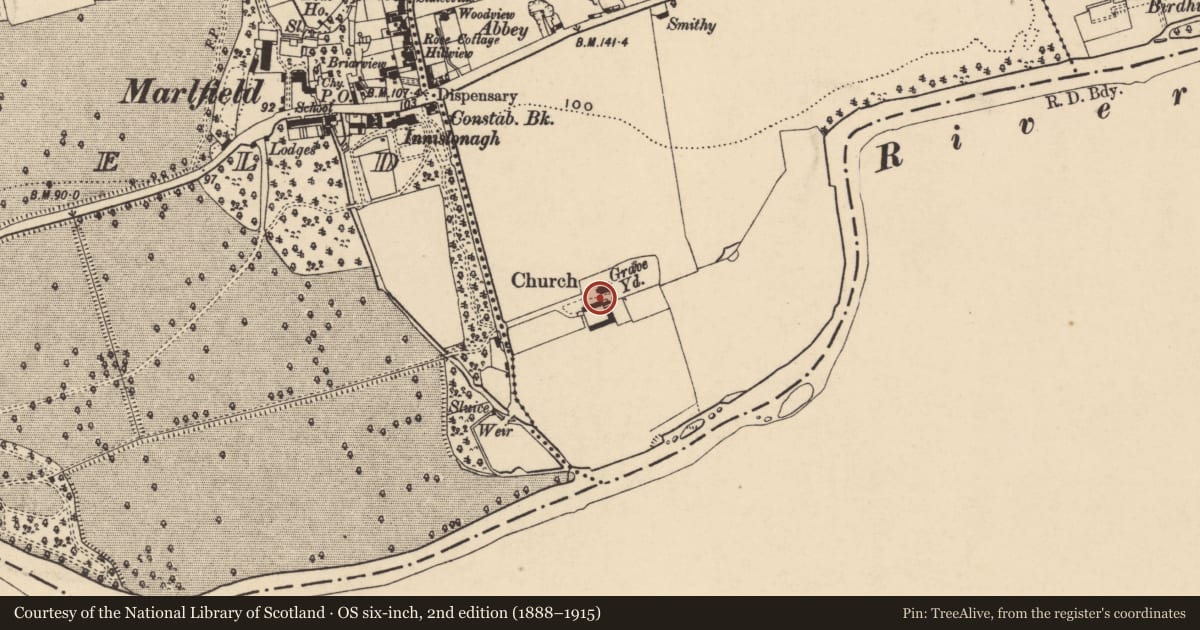 Ordnance Survey six-inch map, 2nd edition (1888–1915) covering the location of Graveslab, Inishlounaght, County Tipperary South, with a pin at the register's coordinates