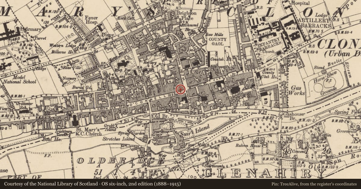 Ordnance Survey six-inch map, 2nd edition (1888–1915) covering the location of Historic town, Burgagery-Lands West, Oldbridge, County Tipperary South, with a pin at the register's coordinates