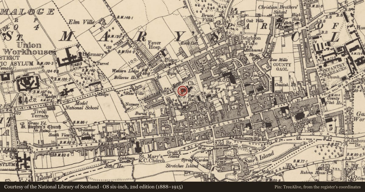 Ordnance Survey six-inch map, 2nd edition (1888–1915) covering the location of Church, Burgagery-Lands West, County Tipperary South, with a pin at the register's coordinates