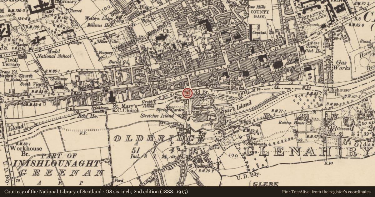 Ordnance Survey six-inch map, 2nd edition (1888–1915) covering the location of Bridge, Burgagery-Lands West, County Tipperary South, with a pin at the register's coordinates