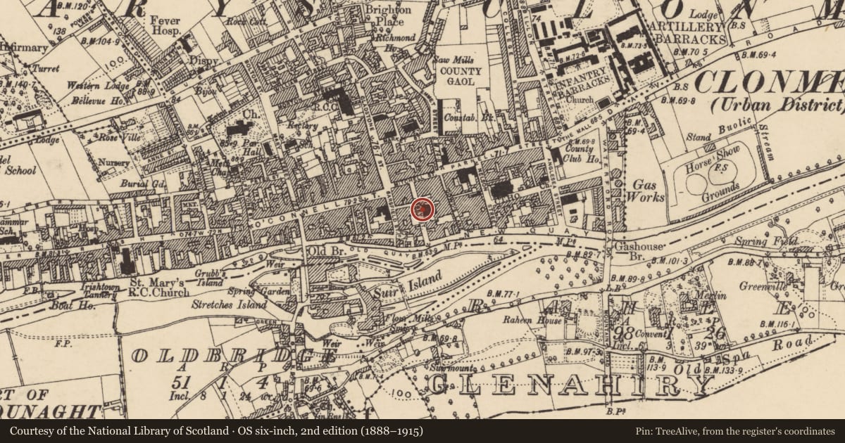 Ordnance Survey six-inch map, 2nd edition (1888–1915) covering the location of Religious house - Franciscan friars, Burgagery-Lands West, County Tipperary South, with a pin at the register's coordinates