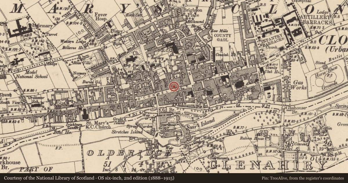 Ordnance Survey six-inch map, 2nd edition (1888–1915) covering the location of Castle - unclassified, Burgagery-Lands West, County Tipperary South, with a pin at the register's coordinates