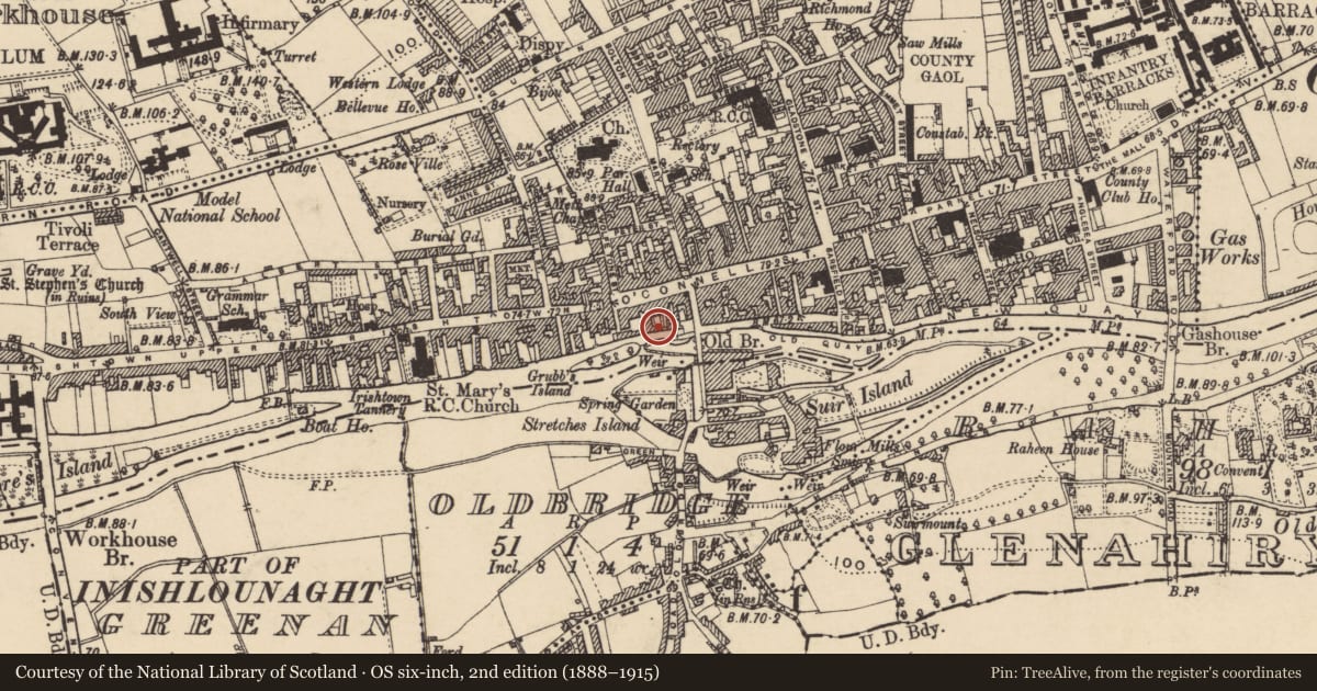 Ordnance Survey six-inch map, 2nd edition (1888–1915) covering the location of House - 16th/17th century, Burgagery-Lands West, County Tipperary South, with a pin at the register's coordinates