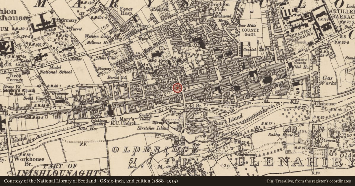 Ordnance Survey six-inch map, 2nd edition (1888–1915) covering the location of House - 16th/17th century, Burgagery-Lands West, County Tipperary South, with a pin at the register's coordinates