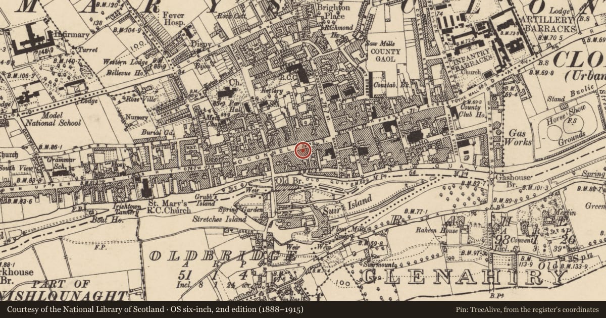Ordnance Survey six-inch map, 2nd edition (1888–1915) covering the location of House - 16th/17th century, Burgagery-Lands West, County Tipperary South, with a pin at the register's coordinates