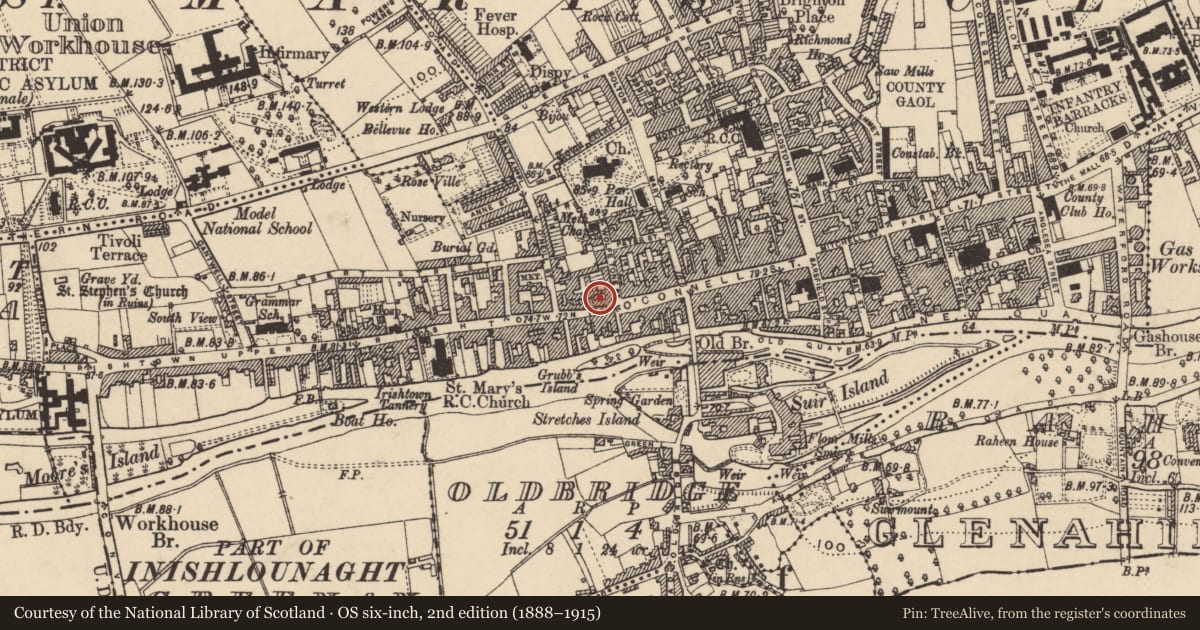 Ordnance Survey six-inch map, 2nd edition (1888–1915) covering the location of House - 16th/17th century, Burgagery-Lands West, County Tipperary South, with a pin at the register's coordinates