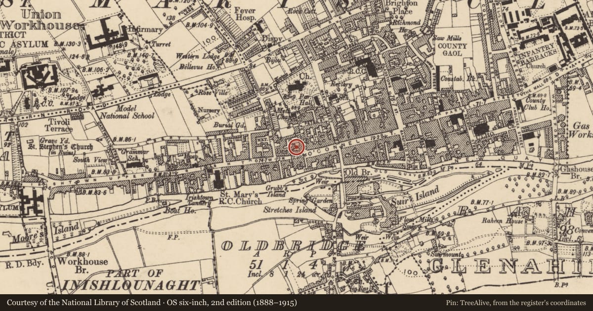 Ordnance Survey six-inch map, 2nd edition (1888–1915) covering the location of House - 16th/17th century, Burgagery-Lands West, County Tipperary South, with a pin at the register's coordinates