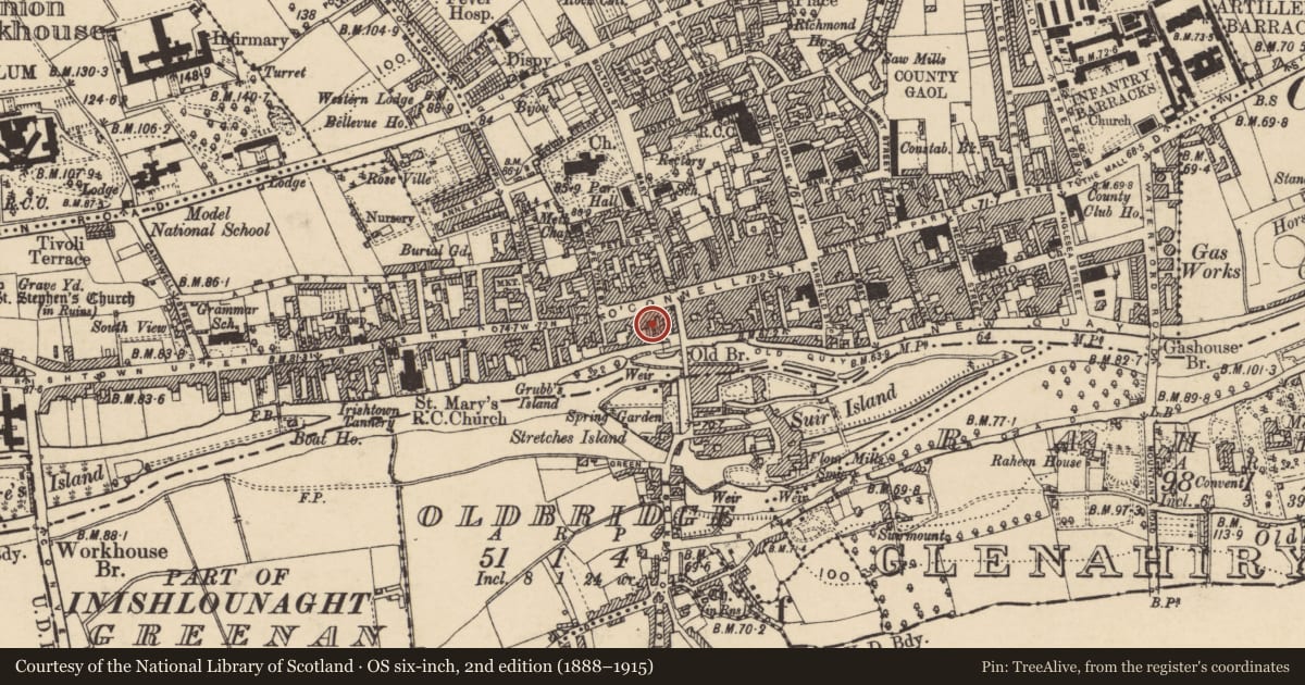 Ordnance Survey six-inch map, 2nd edition (1888–1915) covering the location of House - 16th/17th century, Burgagery-Lands West, County Tipperary South, with a pin at the register's coordinates