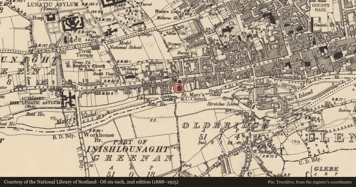 Ordnance Survey six-inch map, 2nd edition (1888–1915) covering the location of Church, Burgagery-Lands West, County Tipperary South, with a pin at the register's coordinates