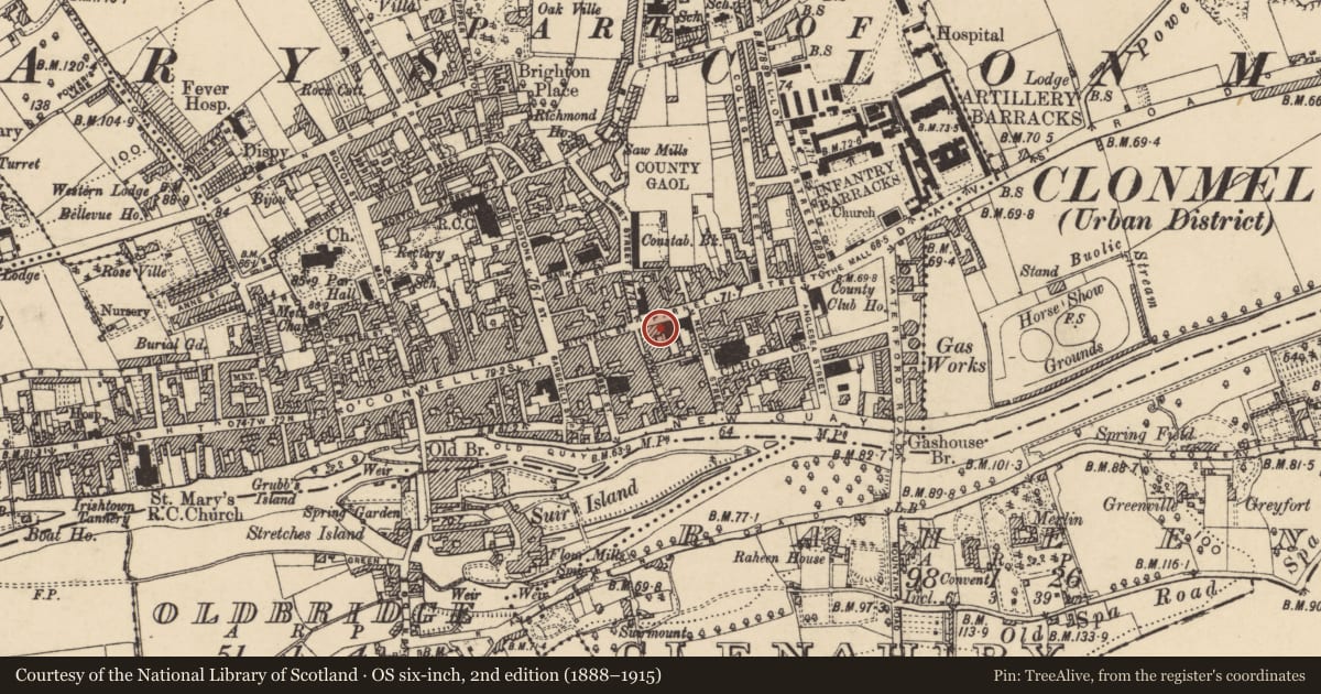 Ordnance Survey six-inch map, 2nd edition (1888–1915) covering the location of House - 17th century, Burgagery-Lands West, County Tipperary South, with a pin at the register's coordinates