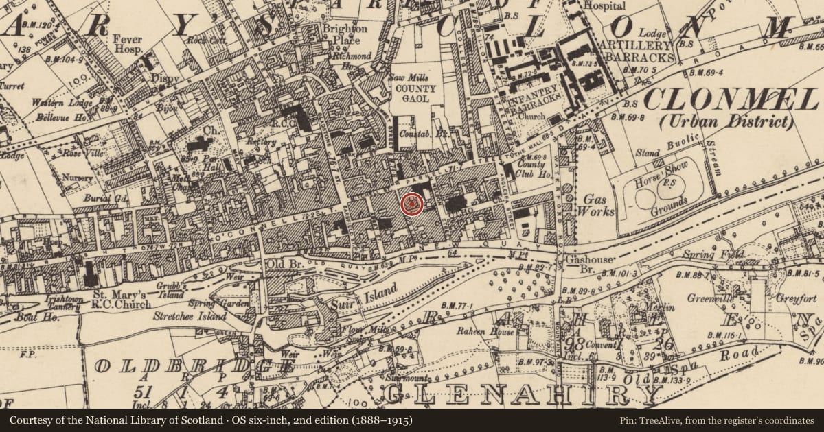 Ordnance Survey six-inch map, 2nd edition (1888–1915) covering the location of Burial ground, Burgagery-Lands West, County Tipperary South, with a pin at the register's coordinates