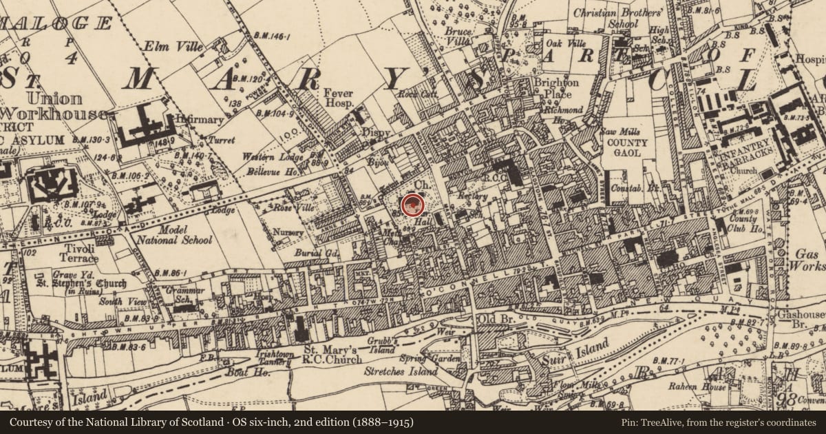 Ordnance Survey six-inch map, 2nd edition (1888–1915) covering the location of Graveyard, Burgagery-Lands West, County Tipperary South, with a pin at the register's coordinates