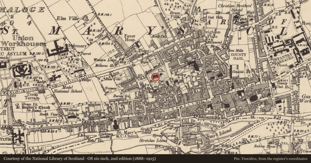 Ordnance Survey six-inch map, 2nd edition (1888–1915) covering the location of Graveslab, Burgagery-Lands West, County Tipperary South, with a pin at the register's coordinates