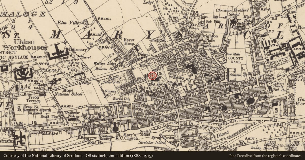 Ordnance Survey six-inch map, 2nd edition (1888–1915) covering the location of Graveslab, Burgagery-Lands West, County Tipperary South, with a pin at the register's coordinates