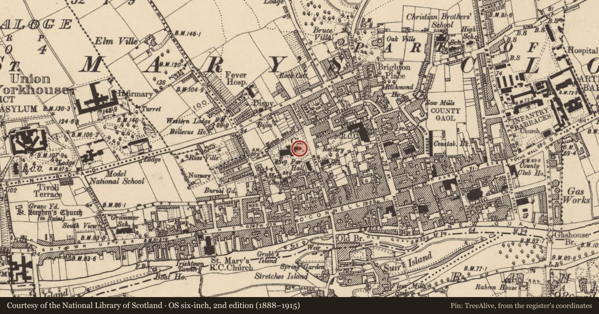Ordnance Survey six-inch map, 2nd edition (1888–1915) covering the location of Graveslab, Burgagery-Lands West, County Tipperary South, with a pin at the register's coordinates