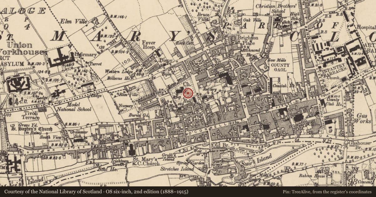 Ordnance Survey six-inch map, 2nd edition (1888–1915) covering the location of Graveslab, Burgagery-Lands West, County Tipperary South, with a pin at the register's coordinates