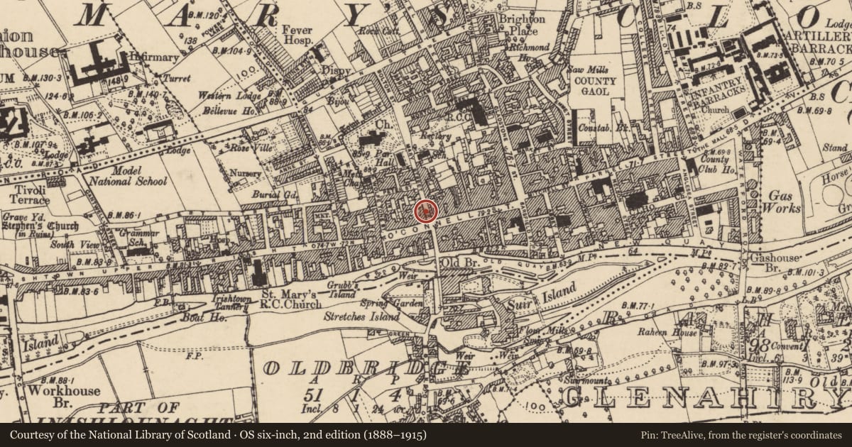 Ordnance Survey six-inch map, 2nd edition (1888–1915) covering the location of Midden, Burgagery-Lands West, County Tipperary South, with a pin at the register's coordinates