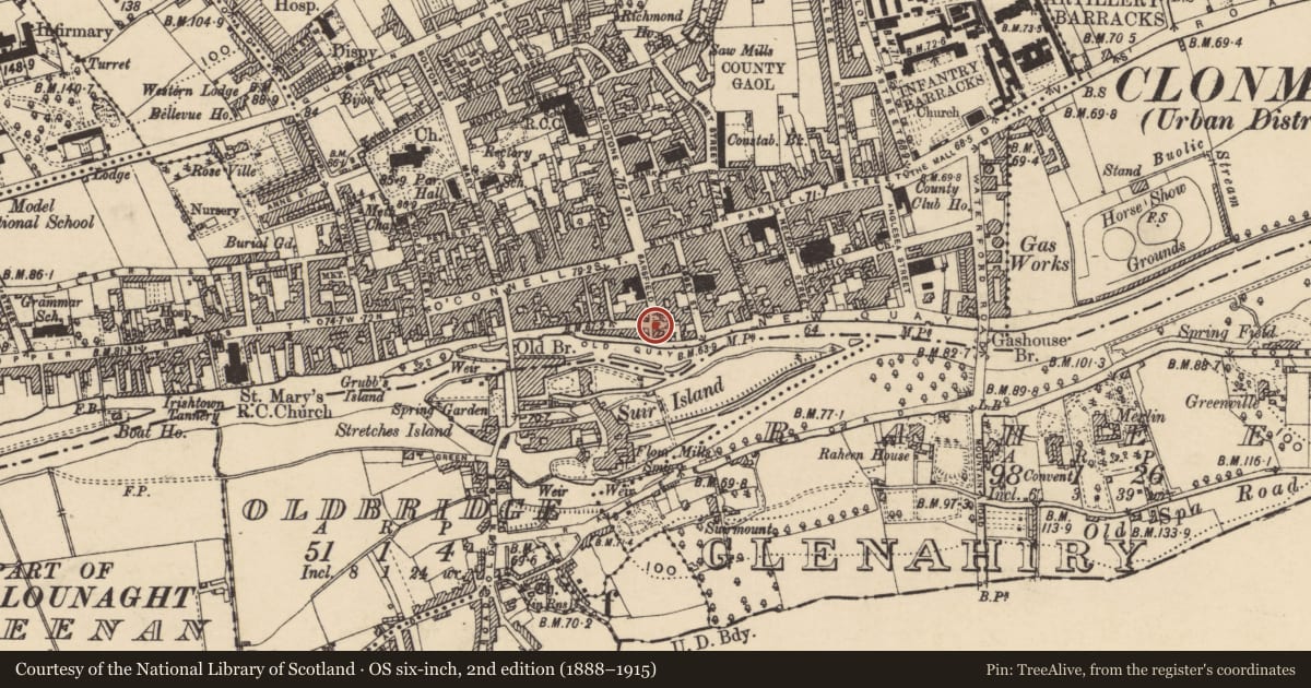 Ordnance Survey six-inch map, 2nd edition (1888–1915) covering the location of Water mill - unclassified, Burgagery-Lands West, County Tipperary South, with a pin at the register's coordinates
