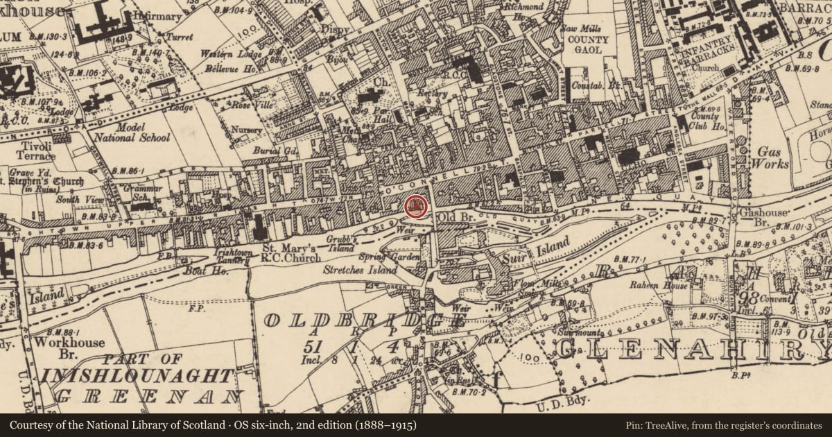 Ordnance Survey six-inch map, 2nd edition (1888–1915) covering the location of Midden, Burgagery-Lands West, County Tipperary South, with a pin at the register's coordinates