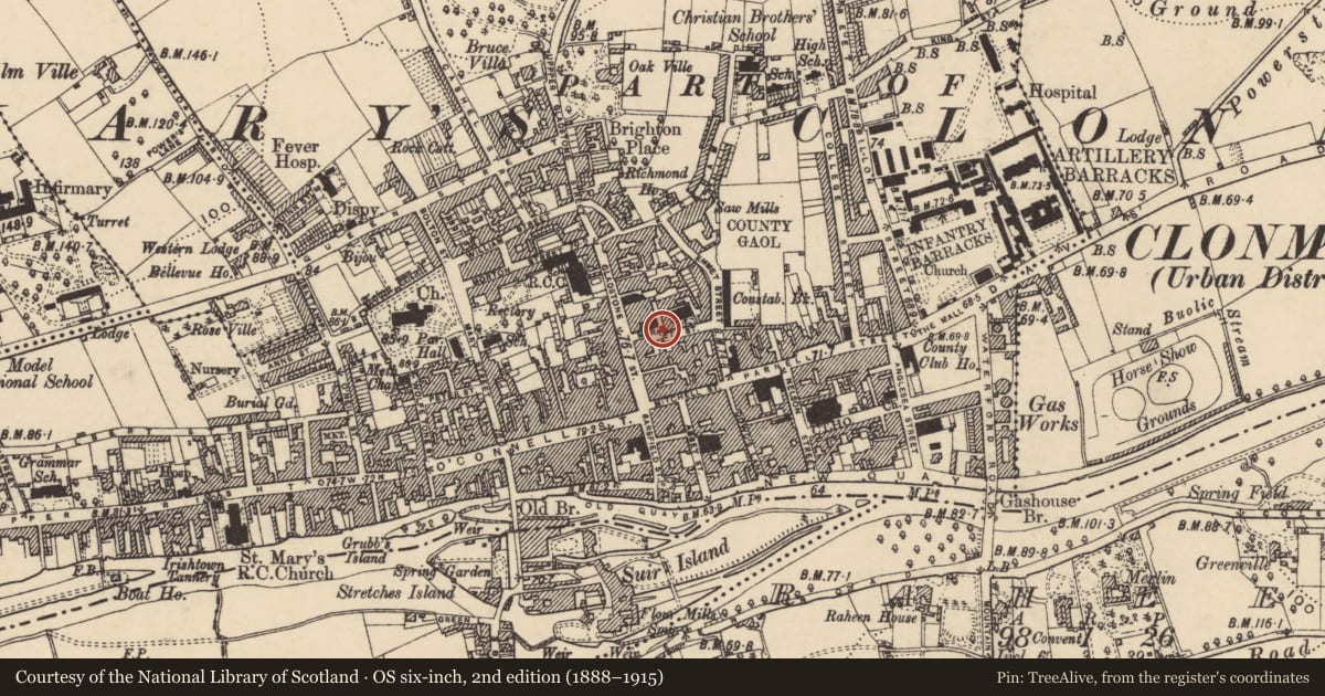 Ordnance Survey six-inch map, 2nd edition (1888–1915) covering the location of House - medieval, Burgagery-Lands West, County Tipperary South, with a pin at the register's coordinates