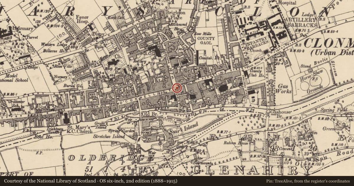 Ordnance Survey six-inch map, 2nd edition (1888–1915) covering the location of House - medieval, Burgagery-Lands West, County Tipperary South, with a pin at the register's coordinates