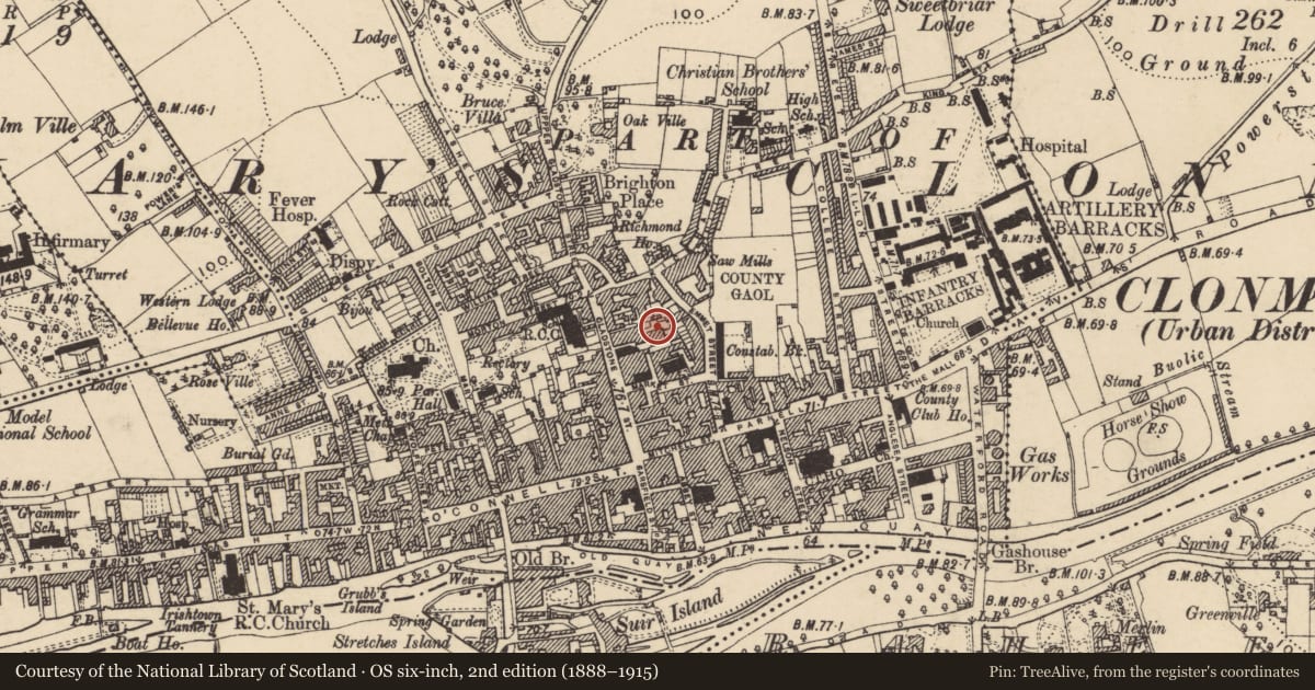 Ordnance Survey six-inch map, 2nd edition (1888–1915) covering the location of Burial ground, Burgagery-Lands West, County Tipperary South, with a pin at the register's coordinates