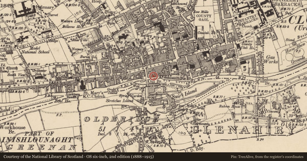 Ordnance Survey six-inch map, 2nd edition (1888–1915) covering the location of Building, Burgagery-Lands West, County Tipperary South, with a pin at the register's coordinates