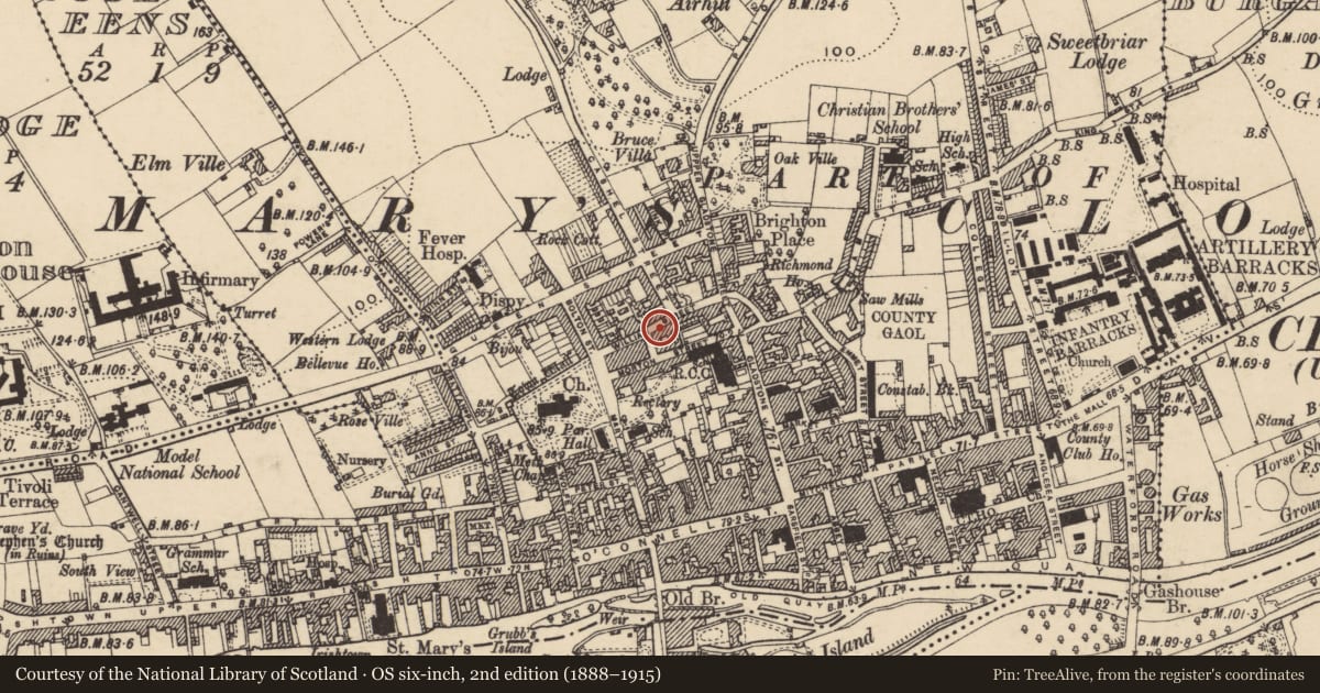 Ordnance Survey six-inch map, 2nd edition (1888–1915) covering the location of Excavation - miscellaneous, Burgagery-Lands West, County Tipperary South, with a pin at the register's coordinates