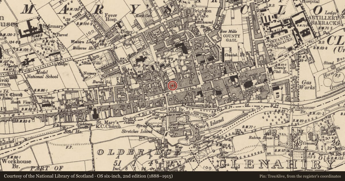 Ordnance Survey six-inch map, 2nd edition (1888–1915) covering the location of Building, Burgagery-Lands West, County Tipperary South, with a pin at the register's coordinates