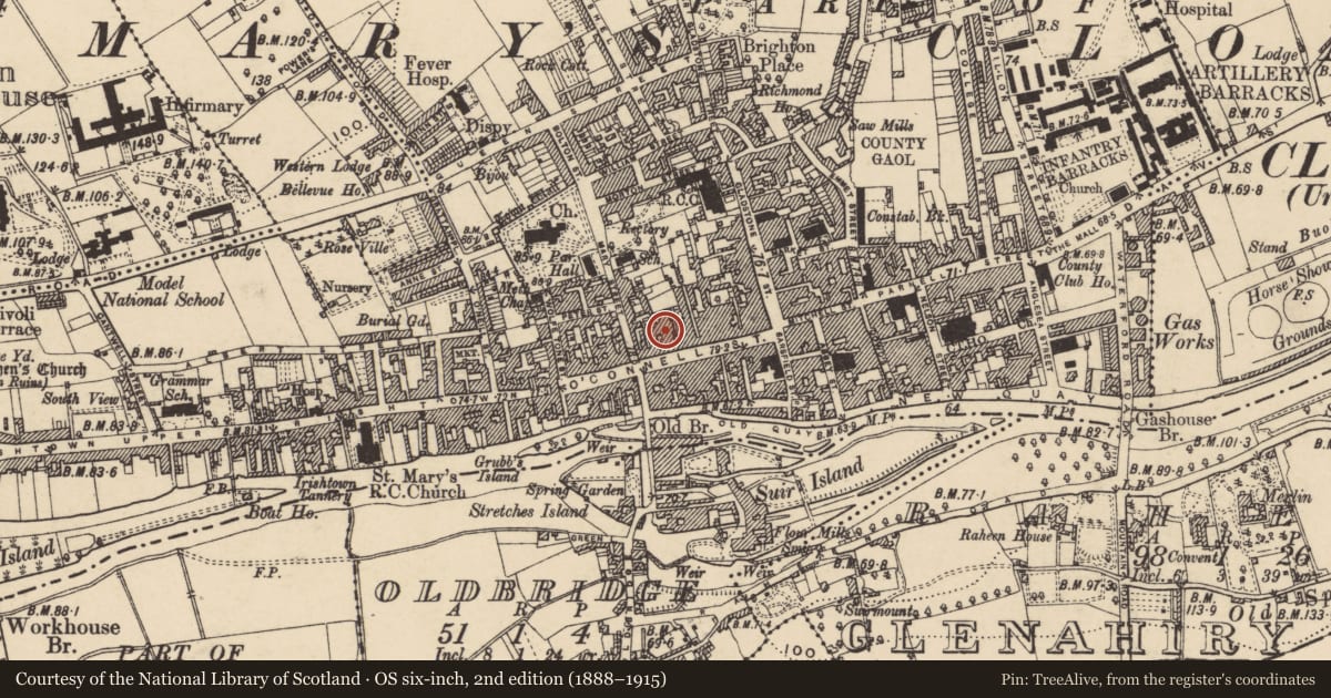 Ordnance Survey six-inch map, 2nd edition (1888–1915) covering the location of Building, Burgagery-Lands West, County Tipperary South, with a pin at the register's coordinates