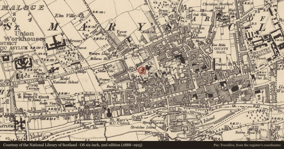 Ordnance Survey six-inch map, 2nd edition (1888–1915) covering the location of Wall monument, Burgagery-Lands West, County Tipperary South, with a pin at the register's coordinates