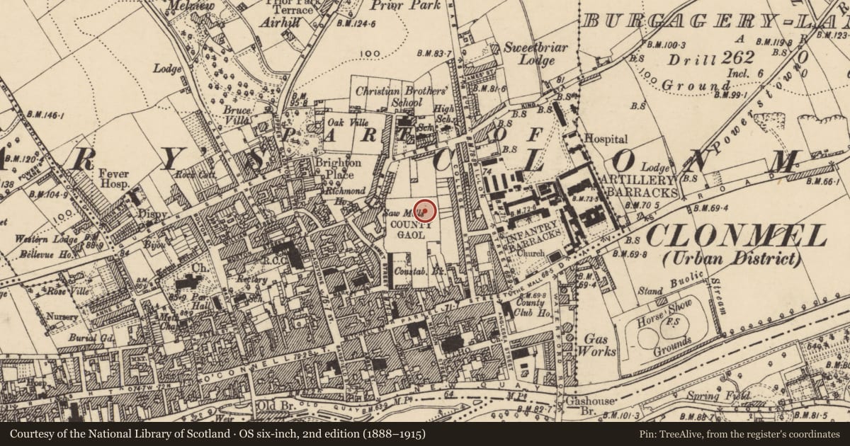 Ordnance Survey six-inch map, 2nd edition (1888–1915) covering the location of Graveslab (present location), Burgagery-Lands West, County Tipperary South, with a pin at the register's coordinates