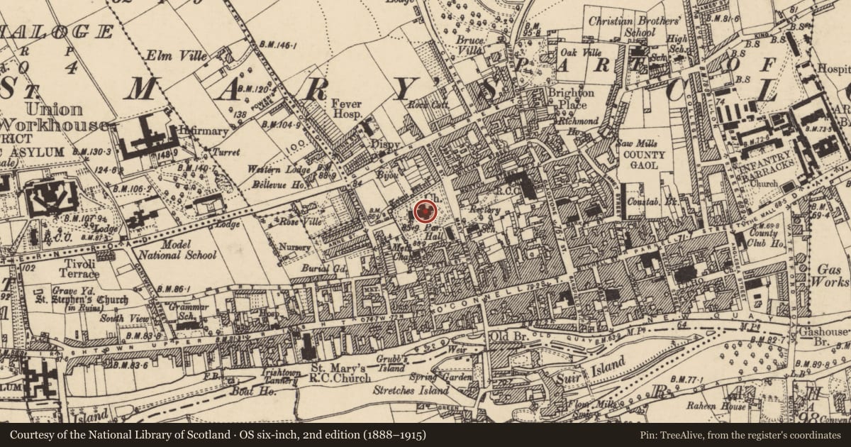 Ordnance Survey six-inch map, 2nd edition (1888–1915) covering the location of Wall monument, Burgagery-Lands West, County Tipperary South, with a pin at the register's coordinates