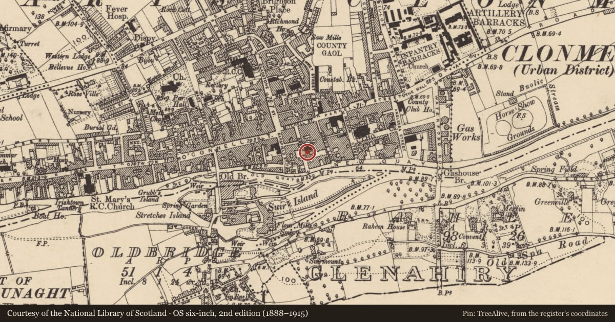 Ordnance Survey six-inch map, 2nd edition (1888–1915) covering the location of Architectural fragment, Burgagery-Lands West, County Tipperary South, with a pin at the register's coordinates