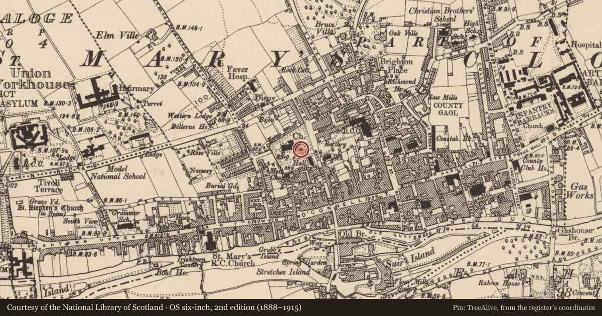 Ordnance Survey six-inch map, 2nd edition (1888–1915) covering the location of Graveslab, Burgagery-Lands West, County Tipperary South, with a pin at the register's coordinates
