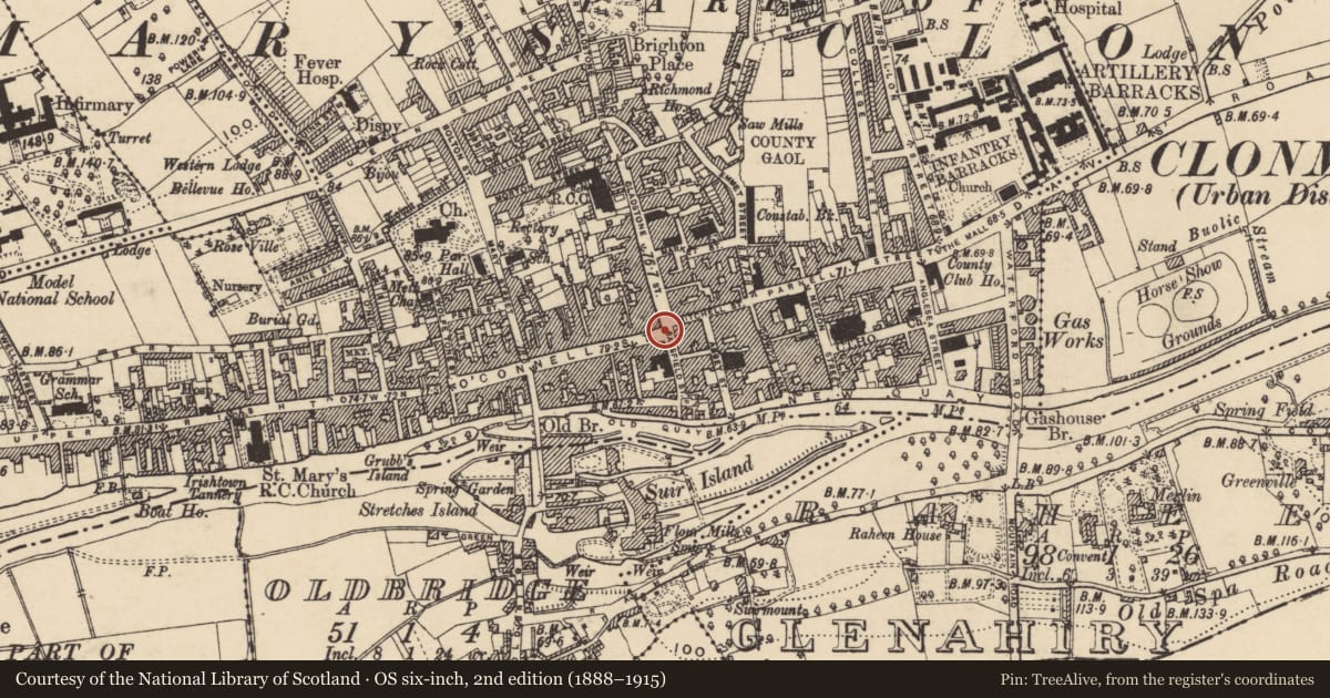 Ordnance Survey six-inch map, 2nd edition (1888–1915) covering the location of Armorial plaque, Burgagery-Lands West, County Tipperary South, with a pin at the register's coordinates