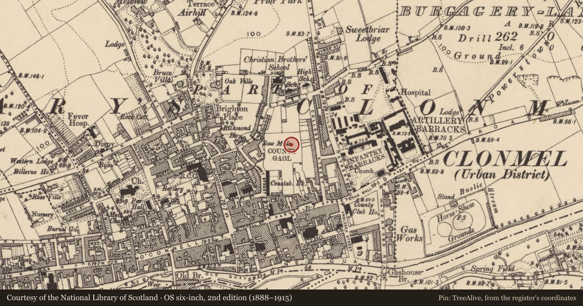 Ordnance Survey six-inch map, 2nd edition (1888–1915) covering the location of Architectural fragment, Burgagery-Lands West, County Tipperary South, with a pin at the register's coordinates