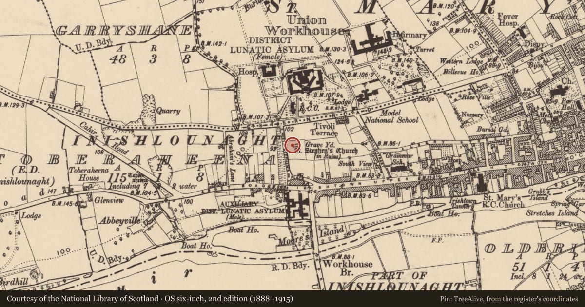 Ordnance Survey six-inch map, 2nd edition (1888–1915) covering the location of Church, Toberaheena (Inishlounaght Par.), County Tipperary South, with a pin at the register's coordinates