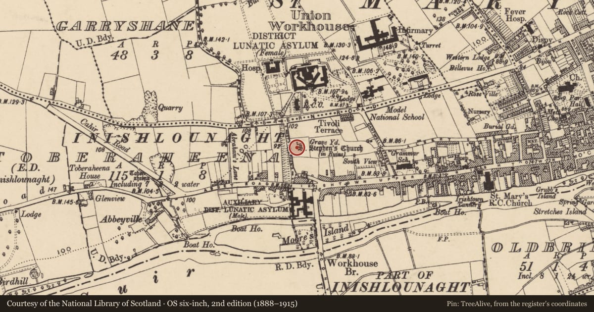 Ordnance Survey six-inch map, 2nd edition (1888–1915) covering the location of Graveyard, Toberaheena (Inishlounaght Par.), County Tipperary South, with a pin at the register's coordinates