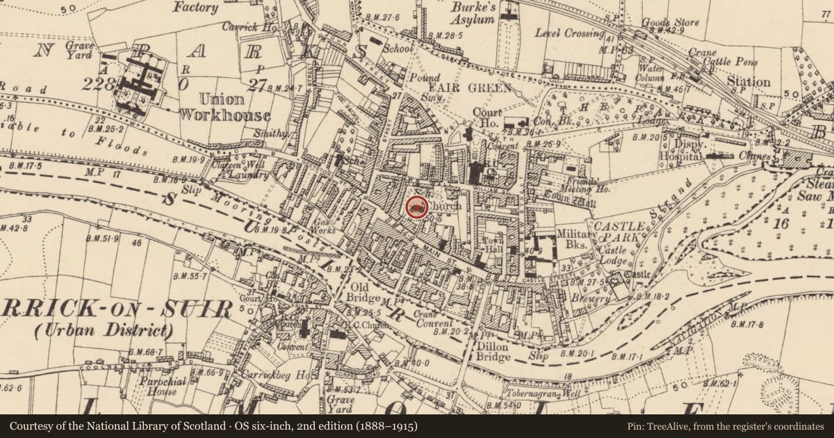 Ordnance Survey six-inch map, 2nd edition (1888–1915) covering the location of Church, Town Parks, County Tipperary South, with a pin at the register's coordinates