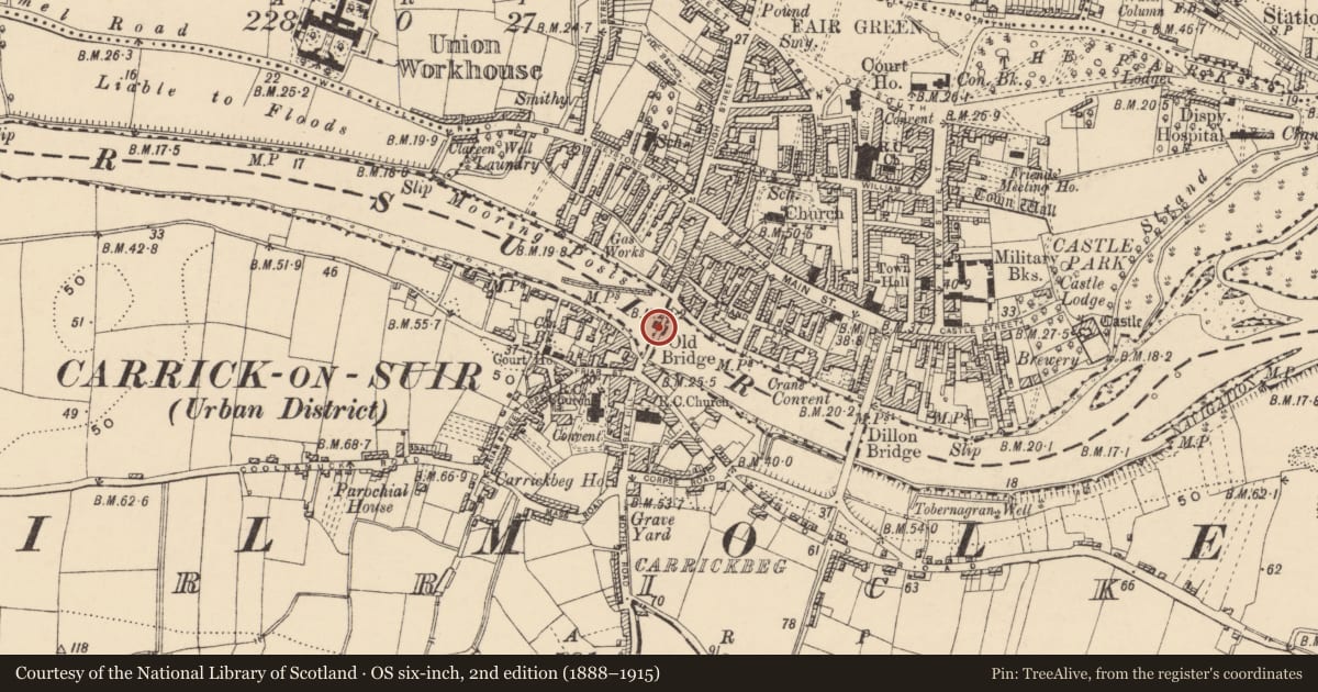 Ordnance Survey six-inch map, 2nd edition (1888–1915) covering the location of Bridge, Town Parks, Carrickbeg, County Tipperary South, with a pin at the register's coordinates