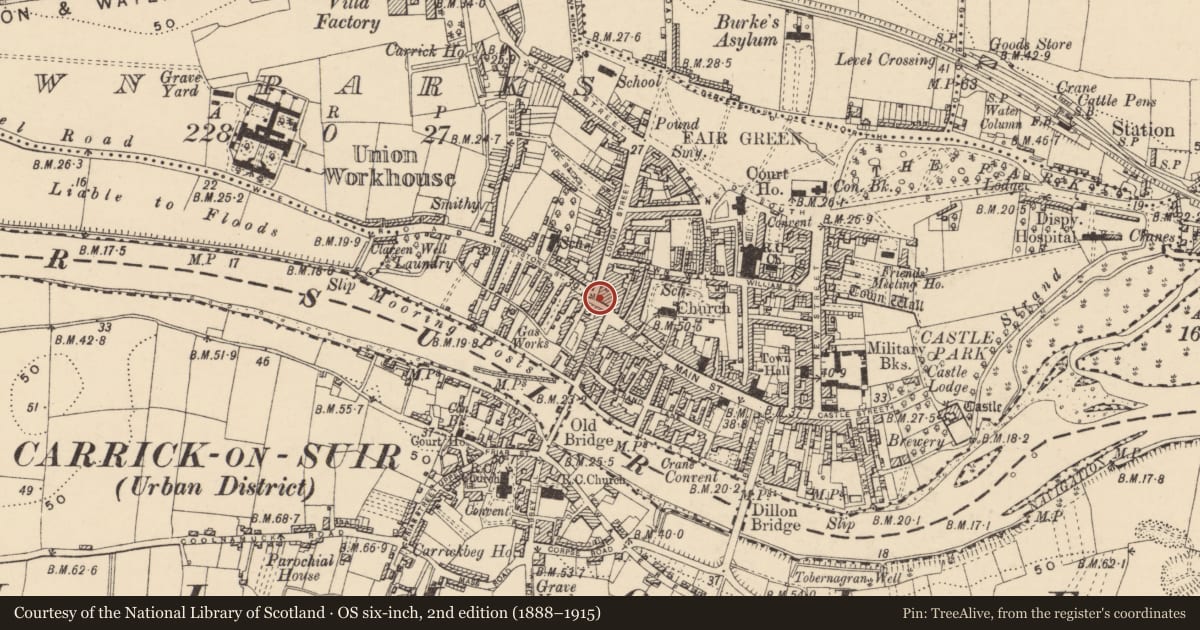 Ordnance Survey six-inch map, 2nd edition (1888–1915) covering the location of Castle - tower house, Town Parks, County Tipperary South, with a pin at the register's coordinates