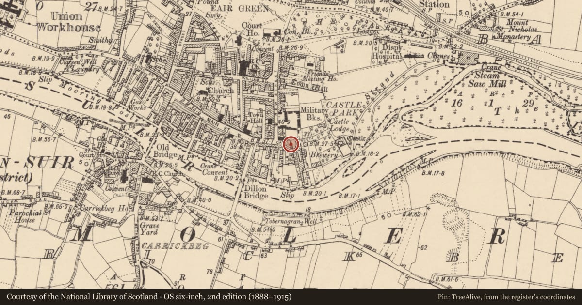 Ordnance Survey six-inch map, 2nd edition (1888–1915) covering the location of House - 17th century, Town Parks, County Tipperary South, with a pin at the register's coordinates