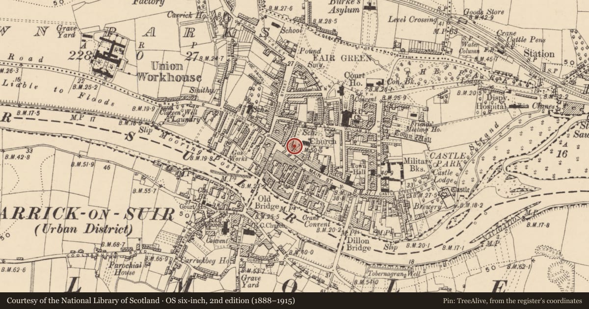 Ordnance Survey six-inch map, 2nd edition (1888–1915) covering the location of Architectural feature, Town Parks, County Tipperary South, with a pin at the register's coordinates