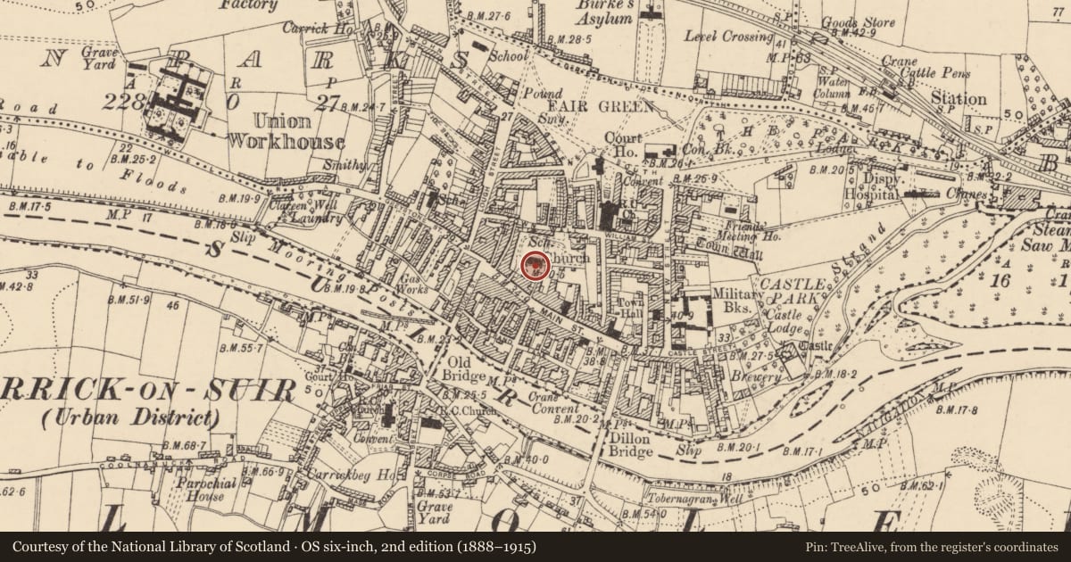 Ordnance Survey six-inch map, 2nd edition (1888–1915) covering the location of Graveslab, Town Parks, County Tipperary South, with a pin at the register's coordinates