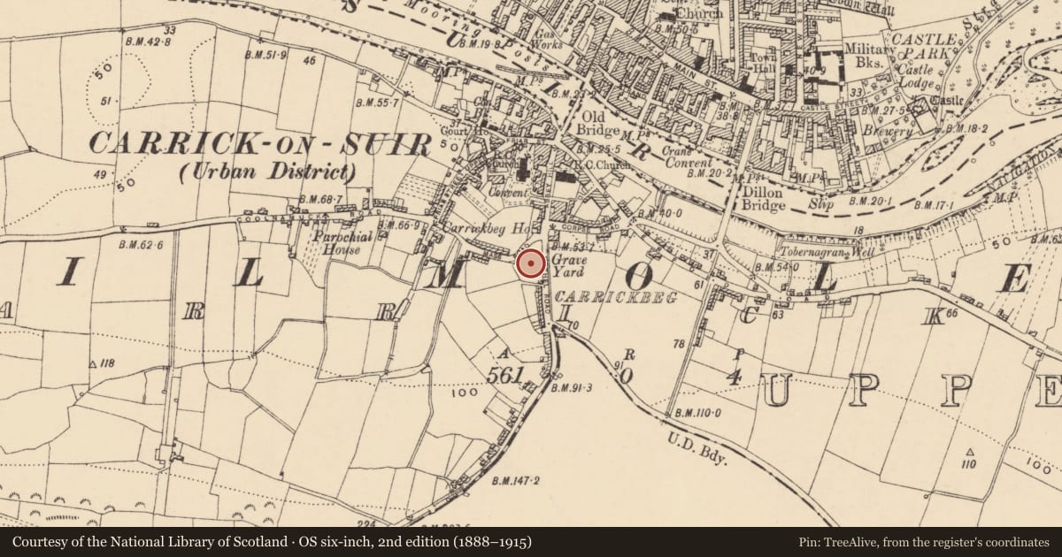 Ordnance Survey six-inch map, 2nd edition (1888–1915) covering the location of Graveyard, Carrickbeg, County Tipperary South, with a pin at the register's coordinates