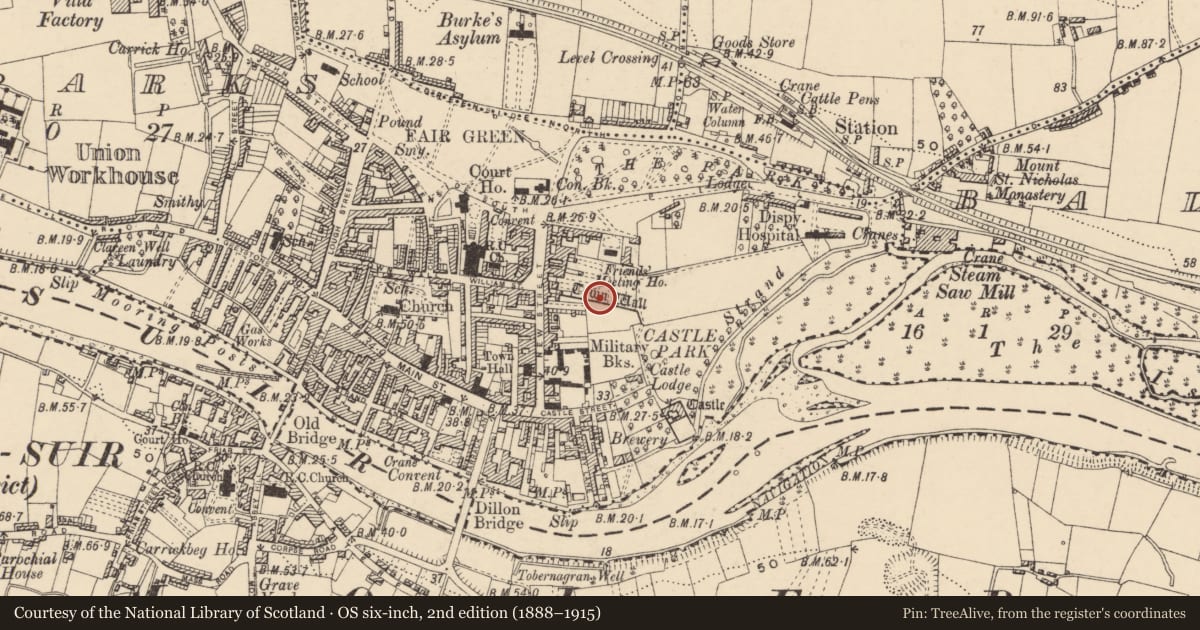 Ordnance Survey six-inch map, 2nd edition (1888–1915) covering the location of Town defences, Town Parks, County Tipperary South, with a pin at the register's coordinates