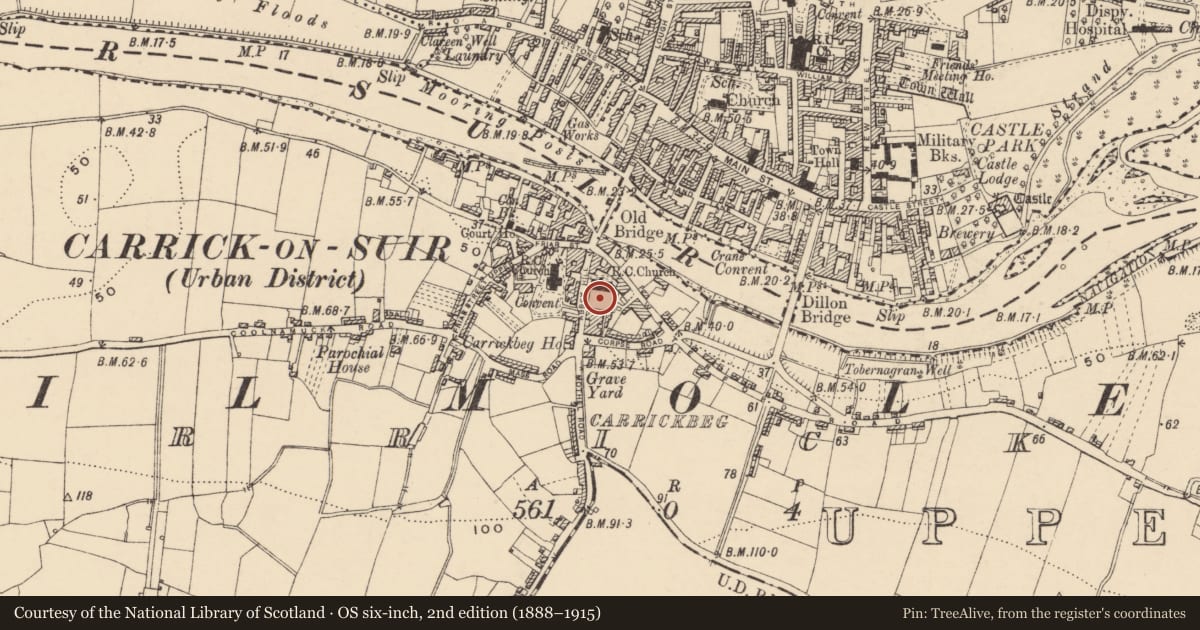 Ordnance Survey six-inch map, 2nd edition (1888–1915) covering the location of Graveyard, Carrickbeg, County Tipperary South, with a pin at the register's coordinates