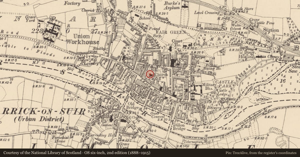 Ordnance Survey six-inch map, 2nd edition (1888–1915) covering the location of Crucifixion plaque, Town Parks, County Tipperary South, with a pin at the register's coordinates